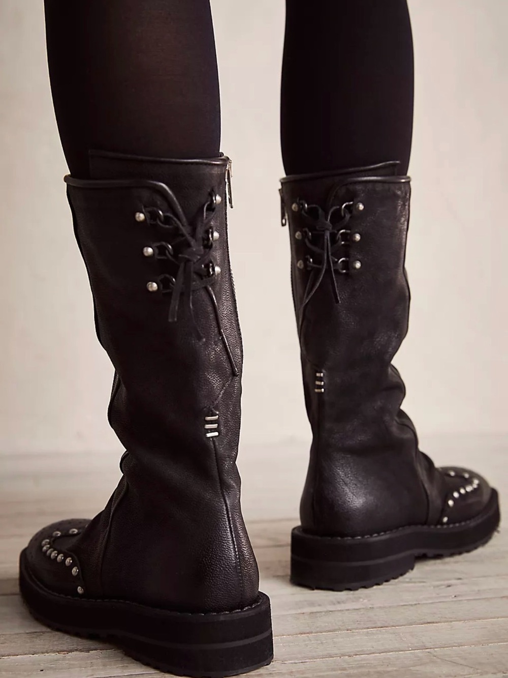 A.S.98 Black Studded Lace-Up Mid-Calf Boots